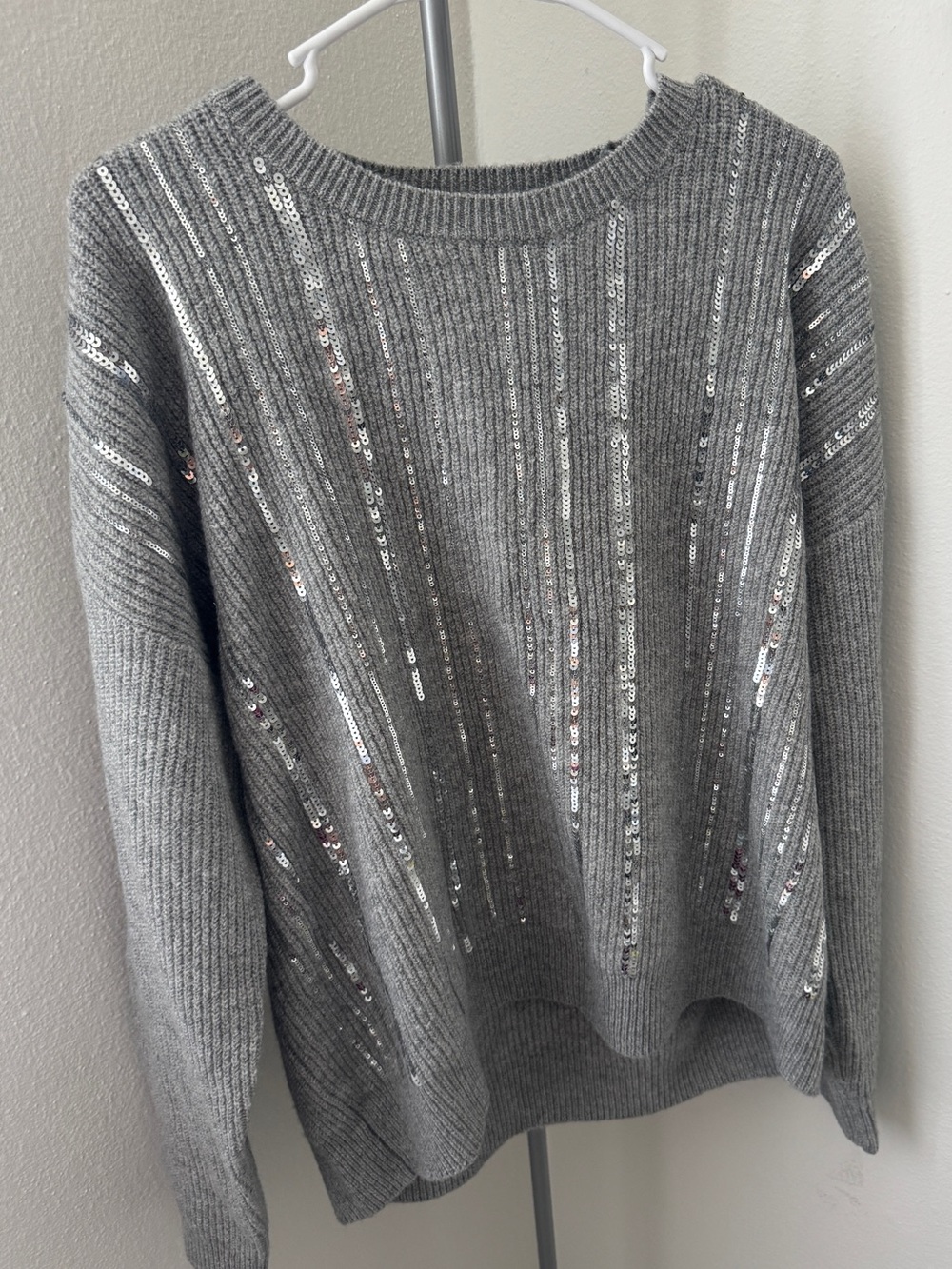 Calvin Klein Gray Sequin Ribbed Crewneck Sweater